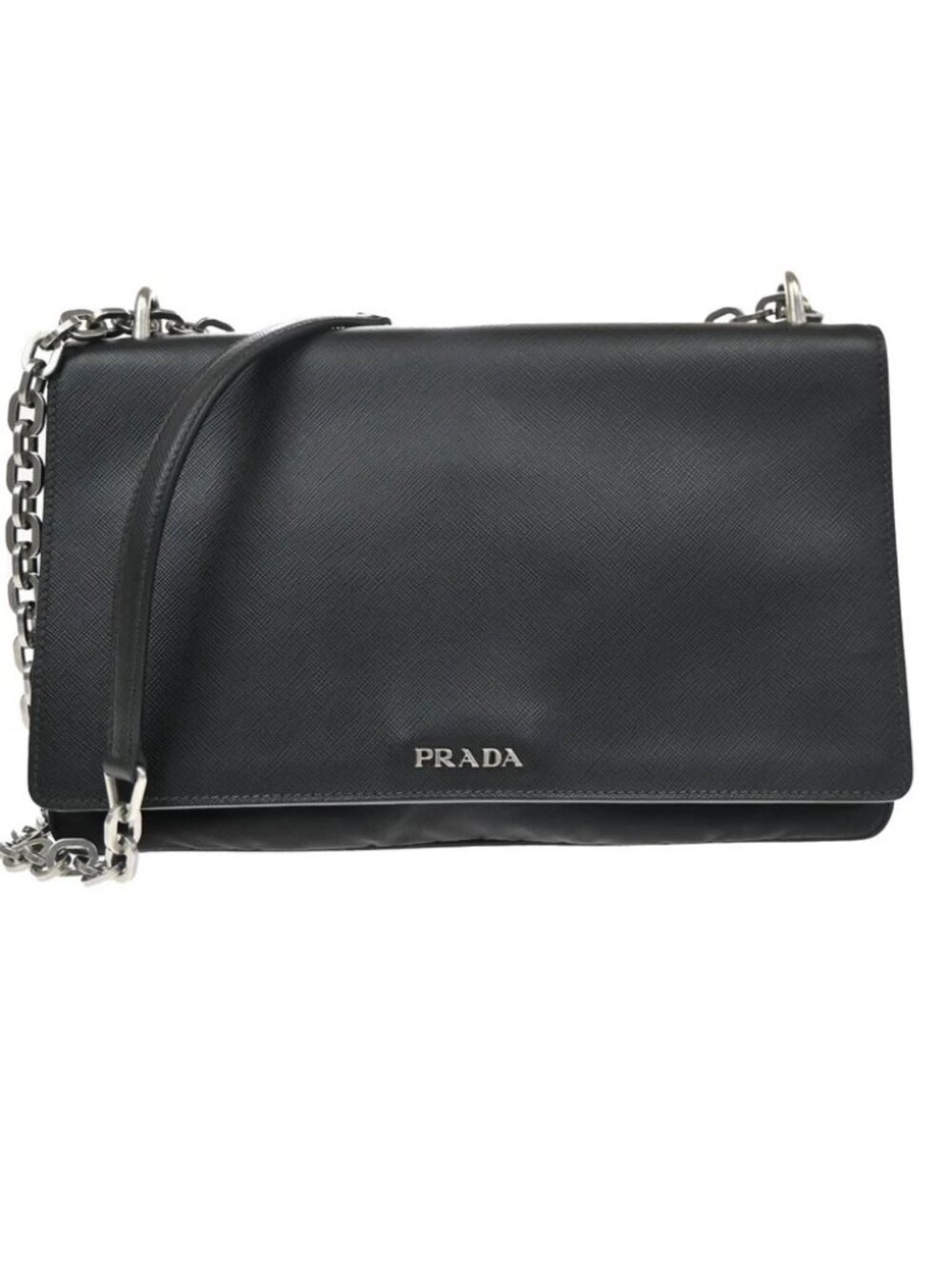 PRADA Saffiano Diagonal Chain Shoulder Bag Nylon Leather Black SHW 10KD064